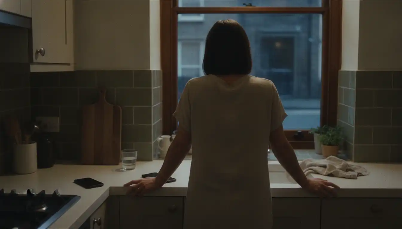 A woman standing at a kitchen window in the last of the evening light, seen from behind, a phone lying face-down on the counter beside her hand.